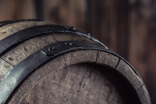 Wooden barel. Old wooden keg. Barel on beer vine whiskey brandy rum or cognac.