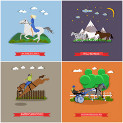 Vector set of wild and domesticad horses concept banners, posters