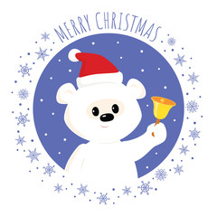 Christmas greeting card. Vector cartoon illustration of a cute baby polar bear in a Santa hat ringing a bell. Square format.