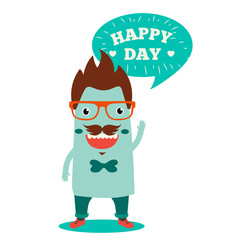 Freaky Monster And Text "Happy day". Vector Illustrations On A White Background. Happy Birthday. Happy Holidays. Happy Anniversary. Cool Hipster.