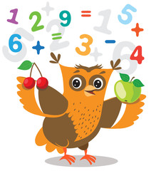 Funny Owl Learn To Count And Numerals On A White Background. Cartoon Vector Illustrations. Owl Picture, Toy.