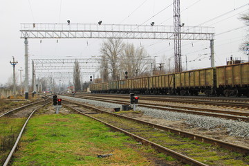 View on the railroad track and cargo trains 