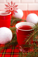 Winter, New Year, Christmas background.Hot drinks on a celebratory table