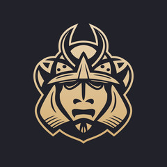 Samurai helmet, japanese facial armour worn by ancient warriors, traditional martial mask in Japan, gold on dark