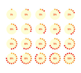 Colorful pie charts. Ux percent download, dashboard for app, web. Performance analysis in percent. Set of orange percentage diagrams. Modern infographic elements. 10 percent graphs
