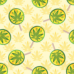Seamless pattern with cannabis and sweets. Lollipops and rain cannabis. Retro pattern for design surfaces for adult products.
