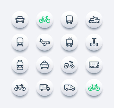 Transport line icons set, car, ship, train, airplane, van, bike, motorbike, camper, bus, taxi, trolleybus, subway, public transportation