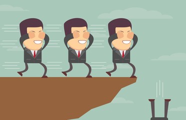 Blindfolded businessmen following each other to the cliff