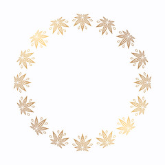 Round gold frame of cannabis. Border of stylized hemp leaf to create promotional products, logos, decoration items.