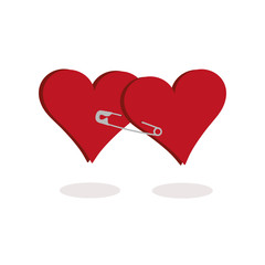 Two hearts falling in love - concept. A love relationship symbolized by two red hearts fasten together by a safety pin. A sweet and cute illustration for a valentine's day with a punk edge.