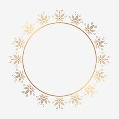 Round gold frame of cannabis. Border of stylized hemp leaf to create promotional products, logos, decoration items.
