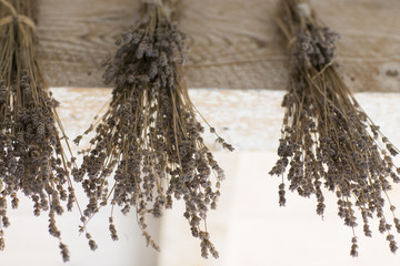 Bunches of dried herbs hanging from the ceiling