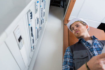 young electrician working on electric panel