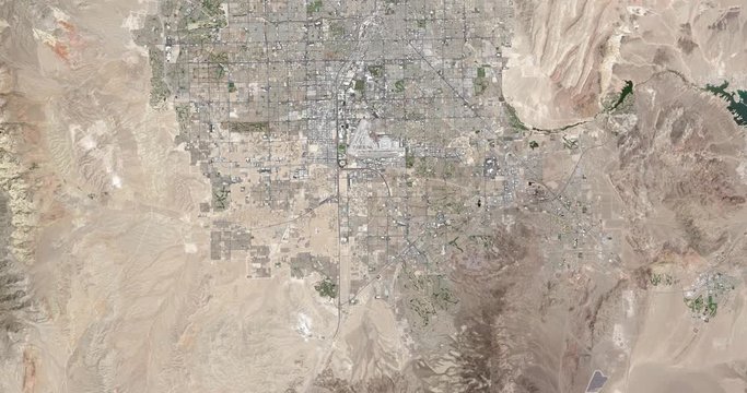 High-altitude overflight aerial of Las Vegas. Clip loops and is reversible. Elements of this image furnished by NASA 