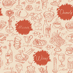 seamless texture of the pictures of kitchen utensils and various dishes