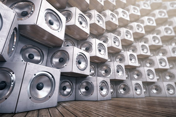 Obraz premium Wall of musical speakers on a wooden background. 3d Illustration