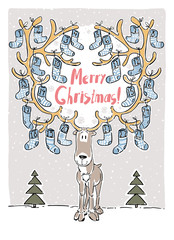 Christmas greeting card. Funny Deer with Advent Calendar on his antlers. Vector illustration. Merry Christmas. Advent calendar with socks.