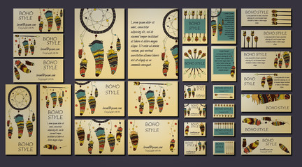 Boho design brochure and business card templates with dreamcatcher, arrow, feather tribal ethnic elements. Vector illustration.