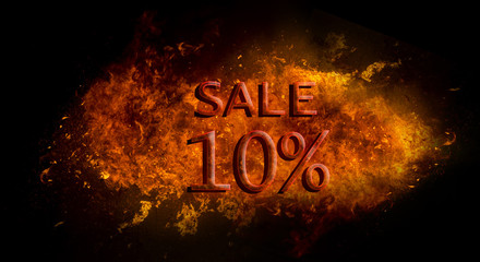 Red Sale 10%  on fire flame explosion, black background