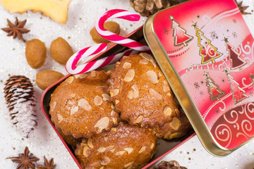 Christmas cookies with almond nuts and ginger in tin box