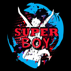 Super Boy. Typography graphic print, Abstract fashion drawing for t-shirts. creative design for boys. Fashion illustration in modern style for clothes. Boyish print