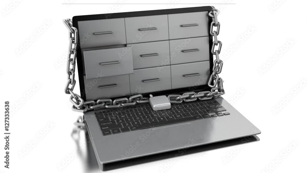 Poster 3d animation. laptop with padlock. data security concept. 4k resolution