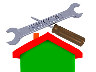 Wrench and screwdriver symbolically above the house