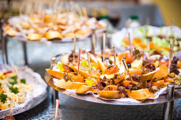 buffet table, Canape, sandwiches, snacks, holiday table, sliced, glasses, celebration, new year, christmas, fourchette, catering, table setting, restaurant