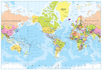 Fototapeta na wymiar World Map - America in center - Bathymetry