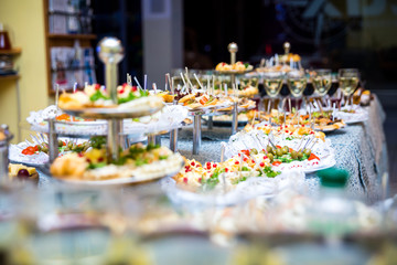 buffet table, Canape, sandwiches, snacks, holiday table, sliced, glasses, celebration, new year, christmas, fourchette, catering, table setting, restaurant
