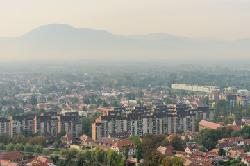 Aerial view of Ljubljana city in the soft morning mist, Slovenia.