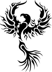 A tribal design of a phoenix in black and white.