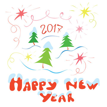 greeting card happy new year/ Vector green trees and letters in snow drifts on a background of celebratory fireworks 