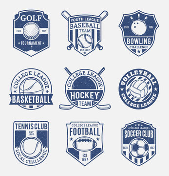 Set of retro styled sport team logo for nine sport disciplines