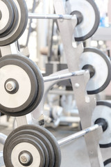 The image of barbells in a fitness hall