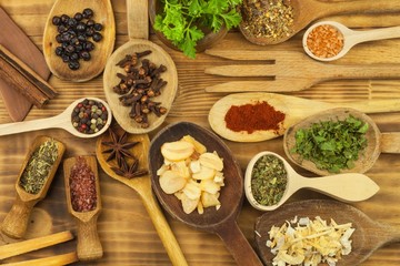 Various kinds of spices on the kitchen table. Seasoning food. Sales of exotic spices. Advertising on spices. Powder spices on spoons in wooden table background.
