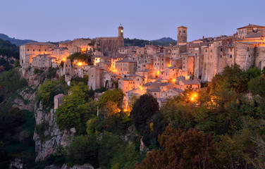 Night in medieval town Sorano. Tuscany, Grosseto, Italy.