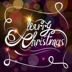 Lettering Merry Christmas on colorful bokeh background. Vector illustration.
