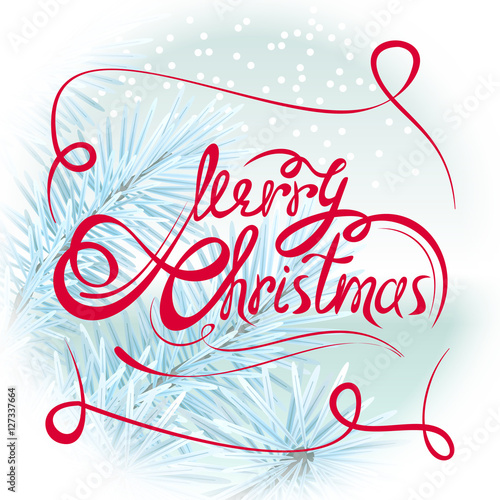 &quot;Lettering Merry Christmas on xmas tree branch and snowflakes background. Vector illustration