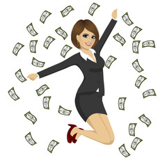 happy businesswoman jumping while dollar bills flying around her