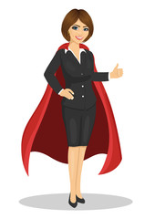 young businesswoman wearing superhero costume showing thumbs up