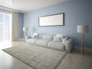 Mock up poster modern living room with a sofa on a blue background.