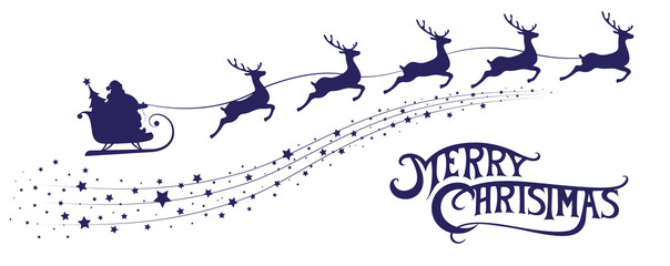 Merry Christmas banner. Silhouette Santa Claus in sleigh with deers flying on stars background. Design elements for decoration holiday poster, flyer, greeting card. Cartoon style. Vector illustration