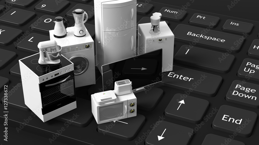 Poster 3d rendering home appliances on a keyboard