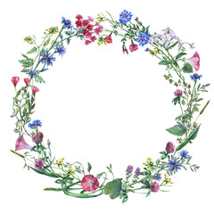 Obraz na płótnie Canvas Wreath border frame with summer herbs, meadow flowers. Watercolor hand painting illustration on isolate white background.