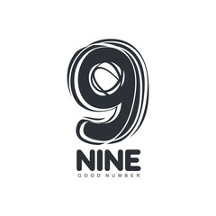 Black and white sketch style number nine logo template, vector illustration isolated on white background. Black and white free hand, hand made looking number nine graphic logotype