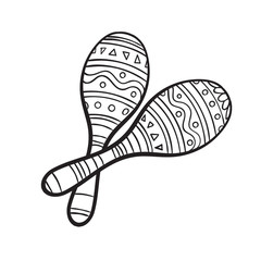 Pair of traditional Mexican brightly maracas or rumba shakers, black and white sketch style vector illustration isolated on white background. Couple of hand drawn Mexican maracas