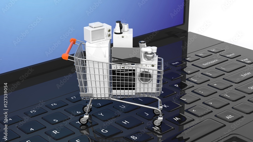 Poster 3d rendering home appliances on a computer
