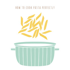Penne pasta and the pot vector illustration. Hand drawn kitchen elements. How to cook pasta perfectly 
