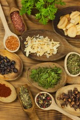 Various kinds of spices on the kitchen table. Seasoning food. Sales of exotic spices. Advertising on spices. Powder spices on spoons in wooden table background.
